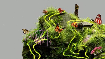 Magical garden island with butterflies flowers and glowing trails fantasy scene