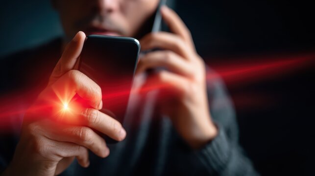 Distrustful Individual Reporting a Charity Scam on Mobile Device, Dark Concept with Red Warning Light.