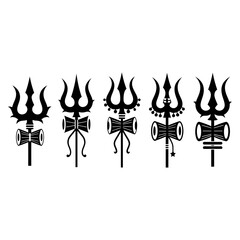 Illustration of five different black trident symbols arranged in a row against a clean white background