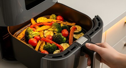 A hand pulls out the air fryer basket filled with roasted vegetables, highlighting healthy home cooking and easy meal prep.