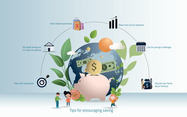 Children learning about saving money with parents, depositing coins into a piggy bank, avoiding impulse purchases, and enjoying fun savings challenges around the globe