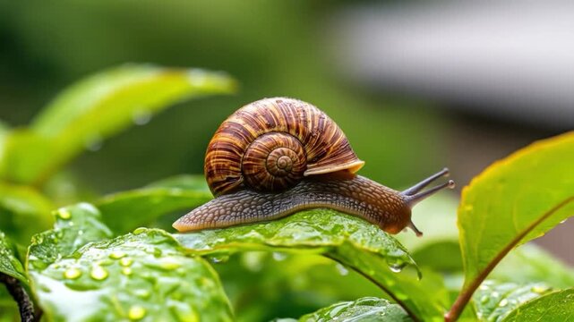 Snail on leaf macro photo close up wildlife nature garden shell brown spiral