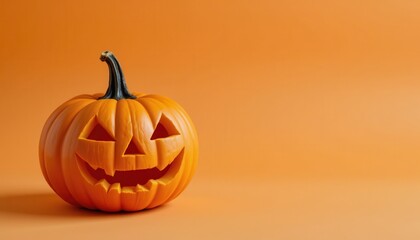 Real carved jack o lantern for Halloween on solid orange background, positioned on the left third with ample clear copy space on the right, soft studio lighting, clean minimal position