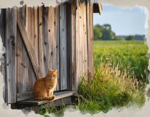 Rustic ginger cat outside a weathered wooden shed