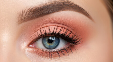 Obraz premium A high-detail, professional close-up photograph of a female eye with perfectly blended peach eyeshadow, showcasing professional makeup artistry