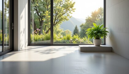Modern concrete floor with natural view through window, minimalist potted plant positioned at the top edge on a low concrete ledge, large empty copy space at the bottom for text