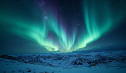 Aurora borealis with Milky Way above snowy hills