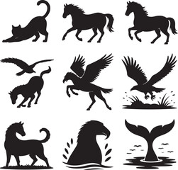 Variety of animal silhouettes including horses, eagles, and cats vector illustration