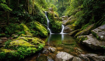 Fototapeta premium Lush waterfall cascading into a tranquil pool, surrounded by mossy rocks and ferns in a dense forest