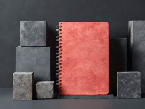 A textured coral spiral bound notebook stands out against dark gray stone blocks