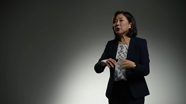 Presenter in a suit with a floral blouse gesturing against a graduated grey background