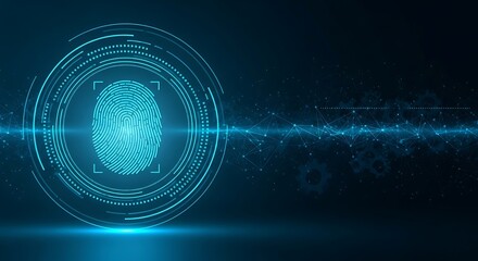 Futuristic fingerprint scan with digital circles and glowing lines on a dark blue background.
