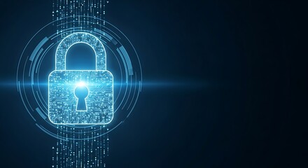 Digital security concept: Glowing padlock on a dark blue background.