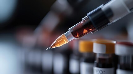 Close-up pharmaceutical liquid in syringe for medical research and science exploration