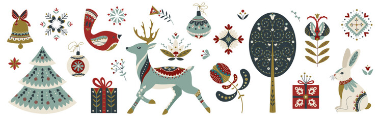 Collection of nordic folk Christmas elements with deer, rabbit, bird, tree, ornaments and gifts. Cozy Scandinavian holiday vector set in festive colors for cards, wrapping, crafts and winter design