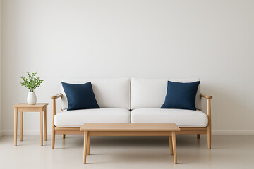 Fototapeta premium A simple and modern living room interior with a white couch, two navy blue throw pillows, and wooden tables on a clean floor