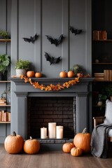 Halloween-themed cozy living room with pumpkins and fireplace decor. cozy Halloween decoration concept, celebrating seasonal home style