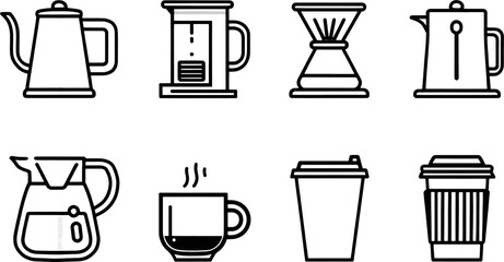 Comforting black coffee icon set with kettle, press, mug, and cup