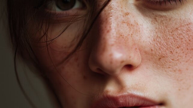 Close-up minimalist portrait with only half the face visible, muted tones.