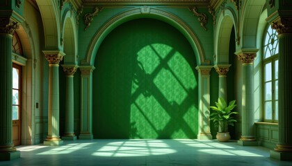 Opulent green velvet interior with elegant arches and columns positioned at the top of the frame, bottom two thirds clear copy space for text, under soft dappled light casting gentle shadows