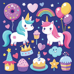 Naklejka premium Cute unicorn party decorations with treats and balloons, a vibrant design for a celebration.