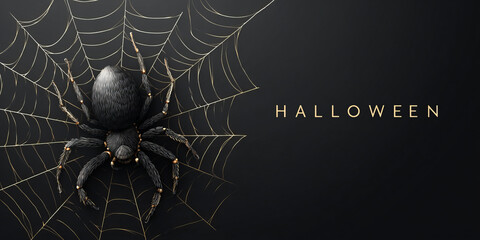 Golden spider webs and spiders with Happy Halloween text on dark background. Black spider and web shapes, gold text Halloween, Halloween celebration and spooky theme