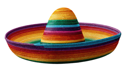 Colorful sombrero against a black background.  A wide-brimmed hat with a conical crown displays a vibrant rainbow of stripes.  The hat's texture is apparent