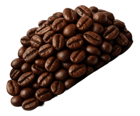 A metal scoop overflowing with espresso roast coffee beans, resting on a black countertop