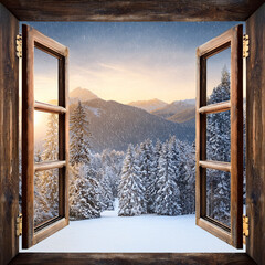 Open window with a view of a winter landscape
