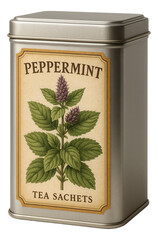 Peppermint tea sachets in a rectangular tin with a vintage botanical illustration label.