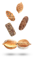 assorted loaves of falling bread against a transparent background