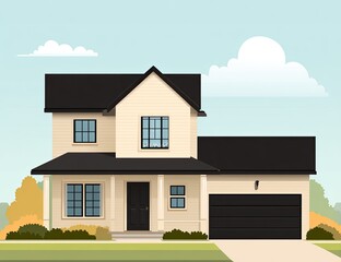 Two-story beige home with black roof and garage