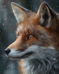 Obraz premium Fox portrait in winter with snow falling and a dark forest background.