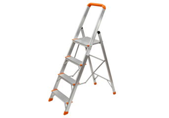Aluminum step ladder with orange accents isolated on transparent background