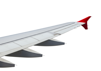 Airplane wing with red tip isolated on transparent background aviation image