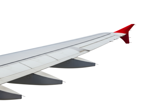 Airplane wing with red tip isolated on transparent background aviation image