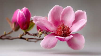Obraz premium Pink Magnolia Flower and Buds on Soft Gray Background