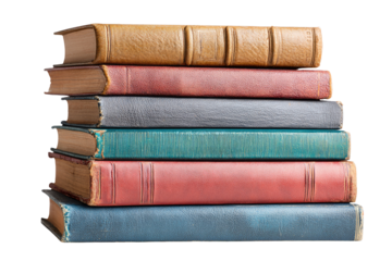 Stack of antique books, various colors, leather-bound spines