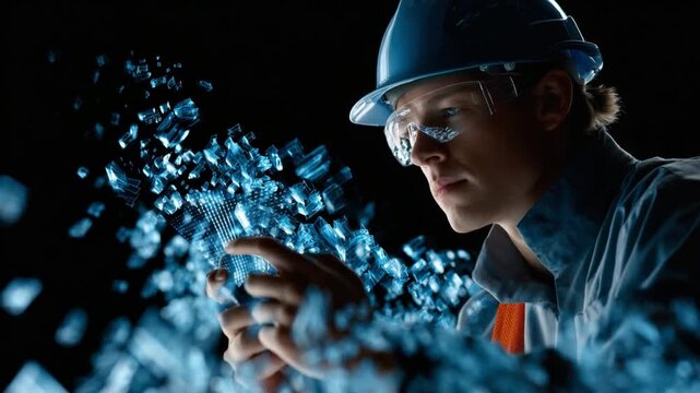 Industrial Innovation: An engineer, bathed in dramatic lighting, examines fragments of abstract construction material. Evoking themes of technology, progress and potential.