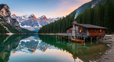 Fototapeta premium Idyllic Mountain Cabin by Crystal Clear Lake in Forest