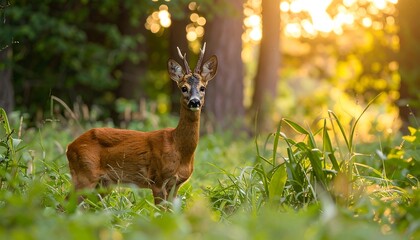 Roe deer in a sunlit forest glade
