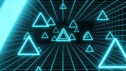 Glowing neon triangles float through a retro grid tunnel, creating a futuristic and immersive experience with bright blue light and a sense of infinite space. - Powered by Adobe