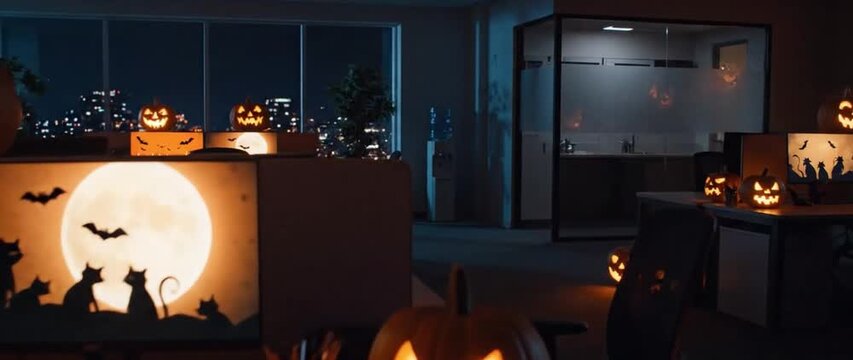 Empty office interior at night where tiny pumpkin lights dot desks and screens show subtle seasonal graphics, quiet corporate Halloween vibe