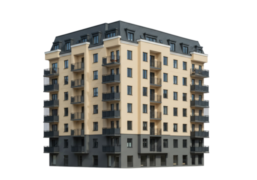 Apartment building beige facade modern architecture urban residential multi story cityscape real estate property home housing exterior design structure elevation 3 d render transparent background - Powered by Adobe