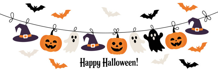 cute halloween garland pumpkins ghosts witch hats vector © graphixecho