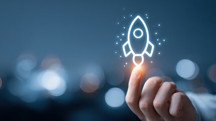 Unique Hand Holding Glowing Rocket and Icon Innovative Start Concept for Dynamic Campaigns, Inspiring Creativity and Energy.