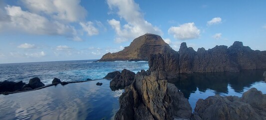 madeira island, sea, water, blue, waves, landscape, travel, adventures, destination, nature, view, rock, cliff, mountain, green, paradise, sunset, dawn, evening, darl, ligth, blue
