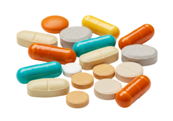 Assorted pills and tablets on transparent background medical pharmaceutical image