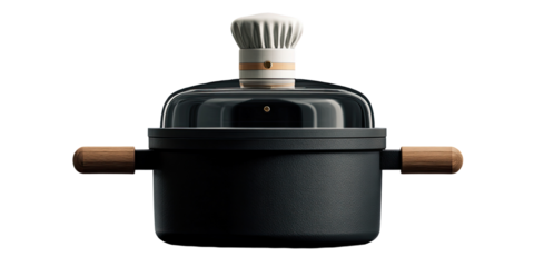 Small, matte black cooking pot with a light beige lid and handle, topped with a chef's hat