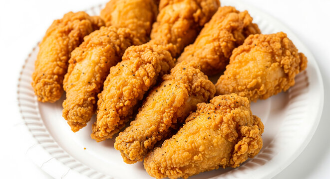 A delicious serving of crispy golden fried chicken wings piled on a white paper plate, isolated on a clean white background for a mouthwatering presentation